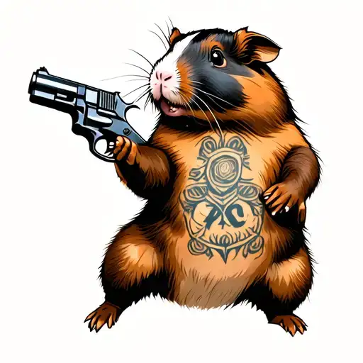 Dark Brown Guinea Pig Standing On Hind Legs And Holding A Pistol