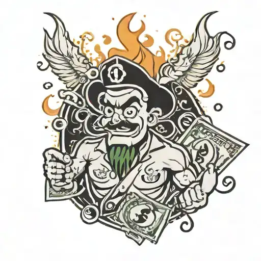 Money An Wordsd Flames With Cartoon Character Holding