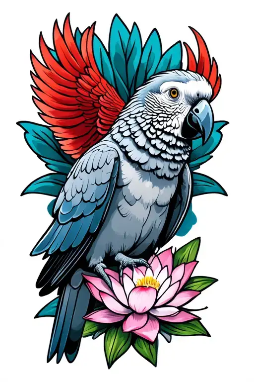African Grey Parrot With Red Tail On Blue Lotus Flower