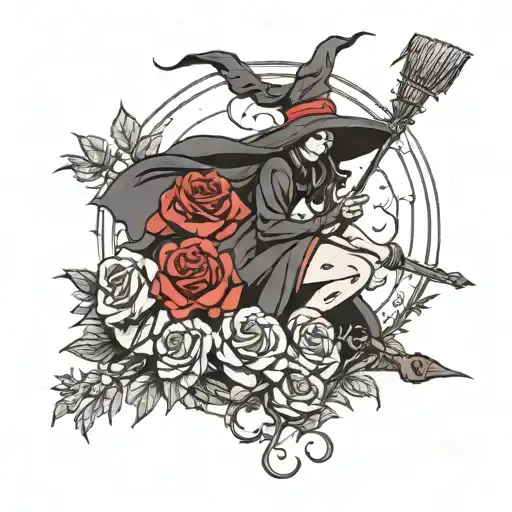 Witch With A Broom Among Roses Growing