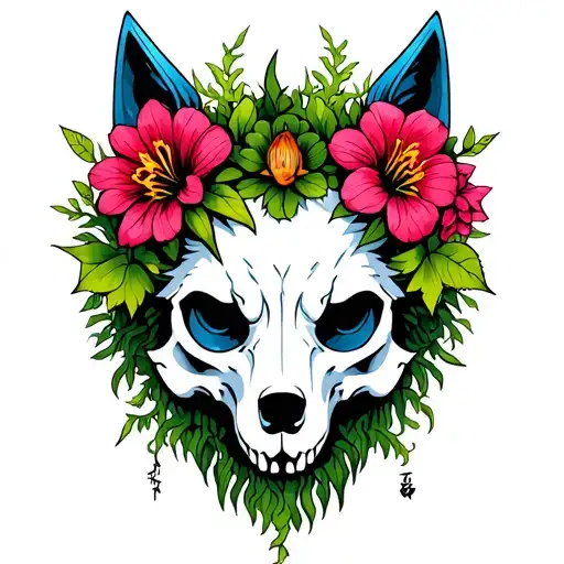Wolf Skull And Poisonous Flowers With Moss