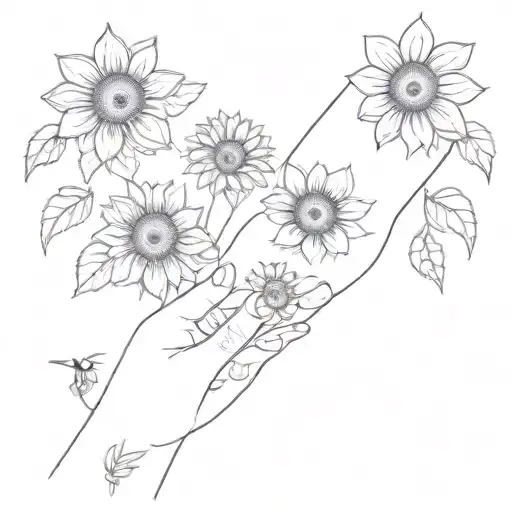 A Minimalist Tattoo Of A Mother And Daughter Holding Hands Surrounded By Sunflowers And Bees