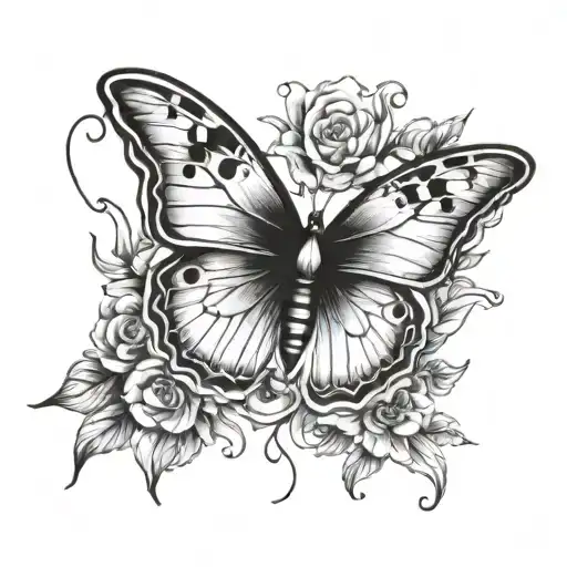Sketch Of A Butterfly Tattoo With A Small Flower Arrangement In Black And White Colors