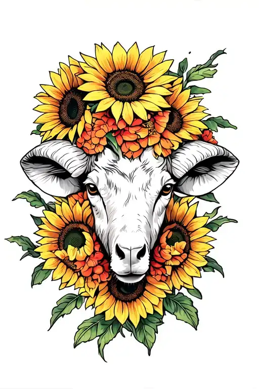 Ram Head Surrounded Sunflower Blooming