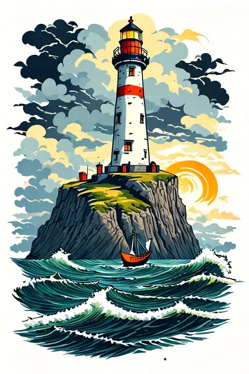 A Lighthouse On Top Of A Cliff Overlooking A Stormy Sea With A Boat In The Middle Of The Sea