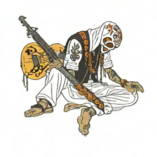 A Guy Sitting Down With Ak47 Strap To His Back Praying To Santa Muerte