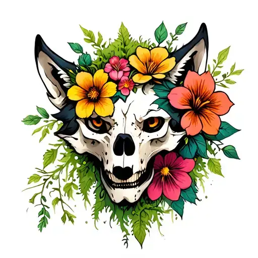 Wolf Skull And Poisonous Flowers With Moss