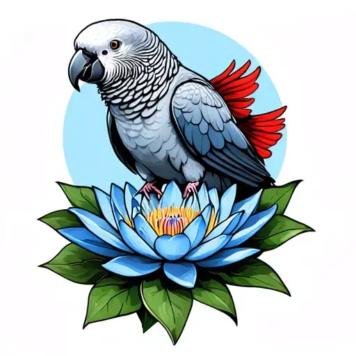 African Grey Parrot With Red Tail On Blue Lotus Flower