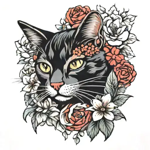 Red And Black Cat With Flowers