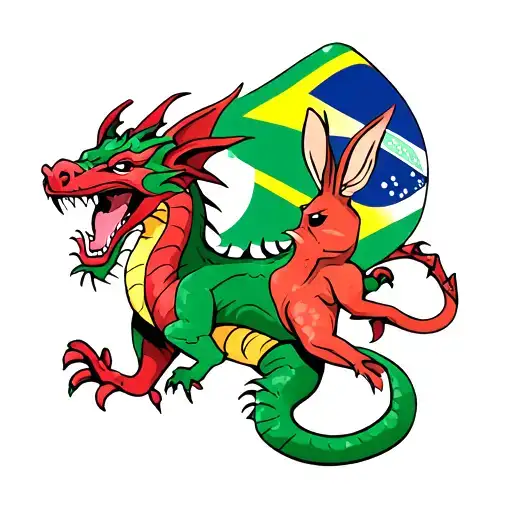 Welsh Dragon And Buff Kangaroo Brazil And Australia Flag