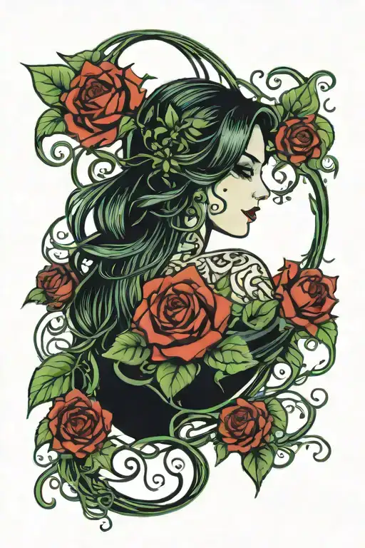 Blackout Sleeve With Green Vines That Spell Evelynn That Goes Up Into Red Roses