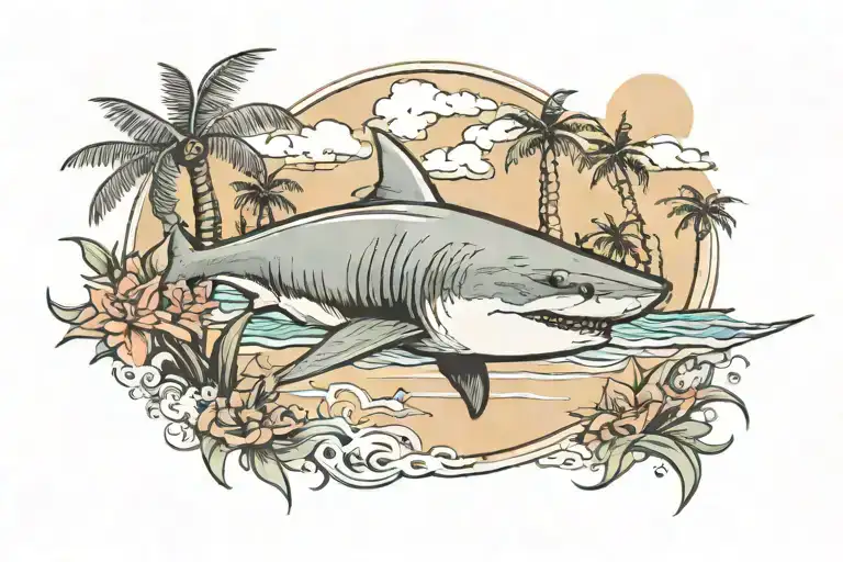 Beach With Palm Trees And Shark Swimming