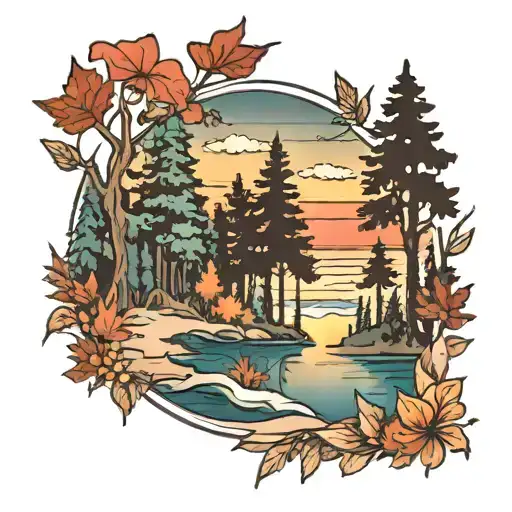Fall Forest Beach Sunset Scene