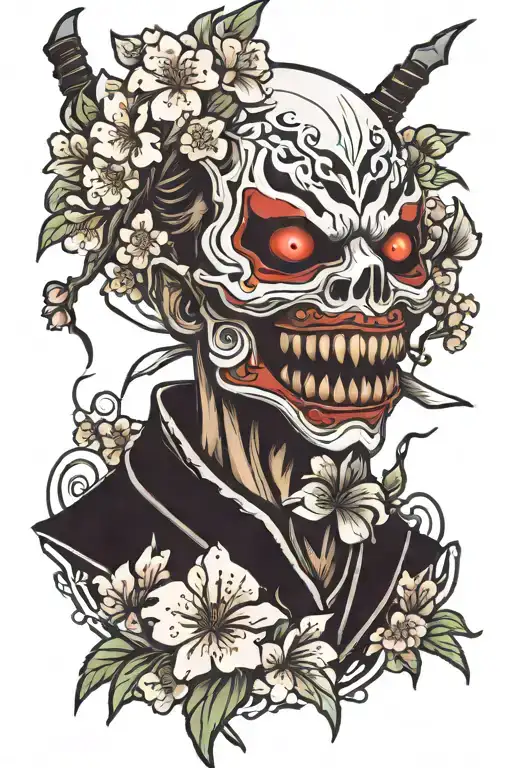 Shinigami Mask With A Dagger In It's Mouth Surrounded By Cherry Blossoms