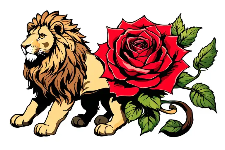 Star With Sitting Lion And A Red Rose Intertwined
