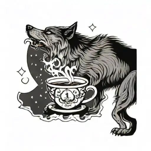 A Wolf Howling At A Full Moon While Holding A Steaming Cup Of Coffee In Its Paw