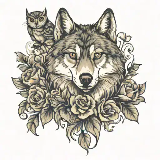Wolf With An Owl Surrounded By Pansies