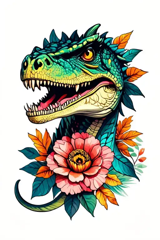 Velociraptor With A Floral Design Combining Elements
