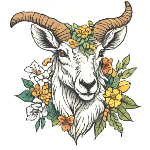 Mountain Goat With Wild Flowers Intertwined