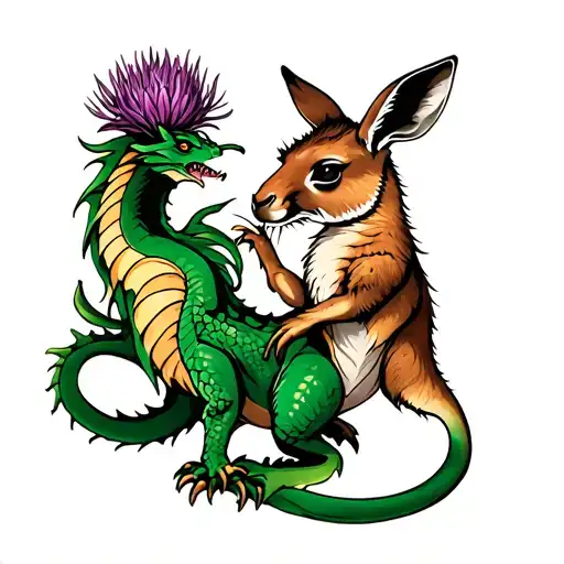 Welsh Dragon And Buff Kangaroo Scottish Thistle Intertwined