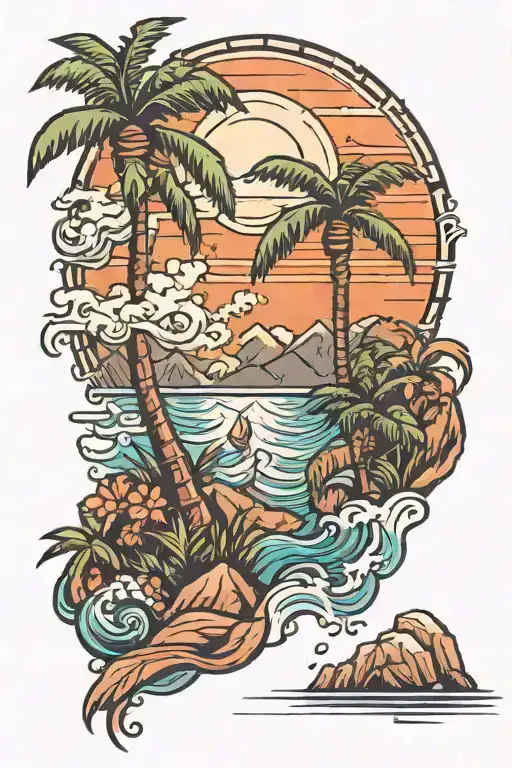 Palm Tree Ocean Mountain Scene
