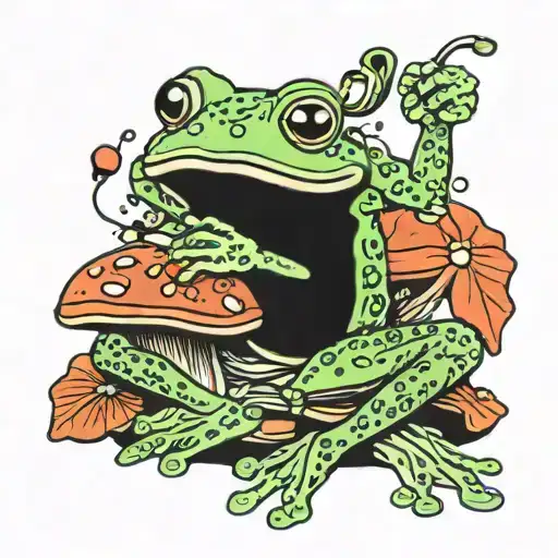 Frog Listening To Music While Sitting On Mushroom