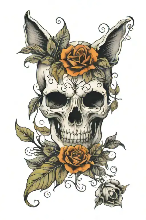 Cat Skull In The Center And Leaves Around