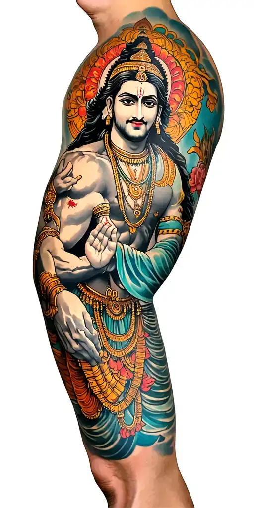 Full Sleeve Right Arm Tattoo For Men With Hindu Gods And Shlokas