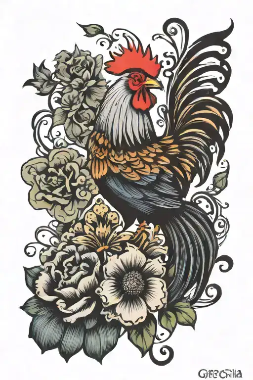 Gregoria Word Tattoo Design With Rooster And Butterfly