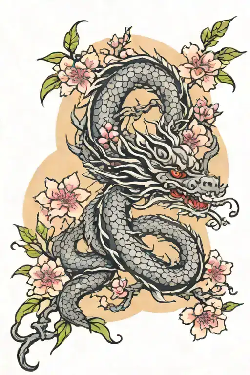 Ink Style Cherry Blossom Branches With A Smokey Chinese Dragon Wrapped Round