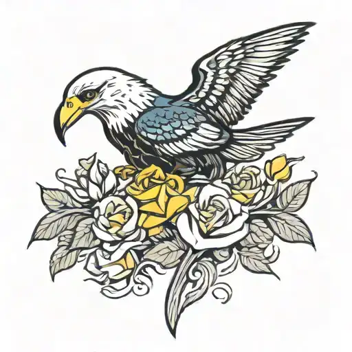 Eagle Holding Yellow Rose With Orca Whales Swimming