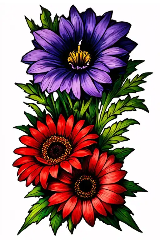 Red Gerbera Daisy Intertwined With Purple Iris Flower Side By Side