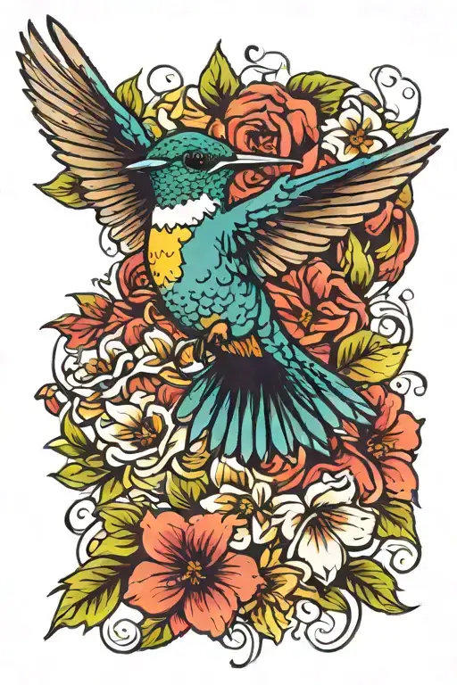 Colorful Hummingbird With Flowers