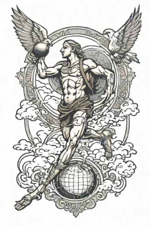 Atlas Carrying The World With Clouds And Doves Flying