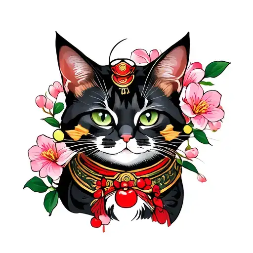 Samurai Cat With Cherry Flowers