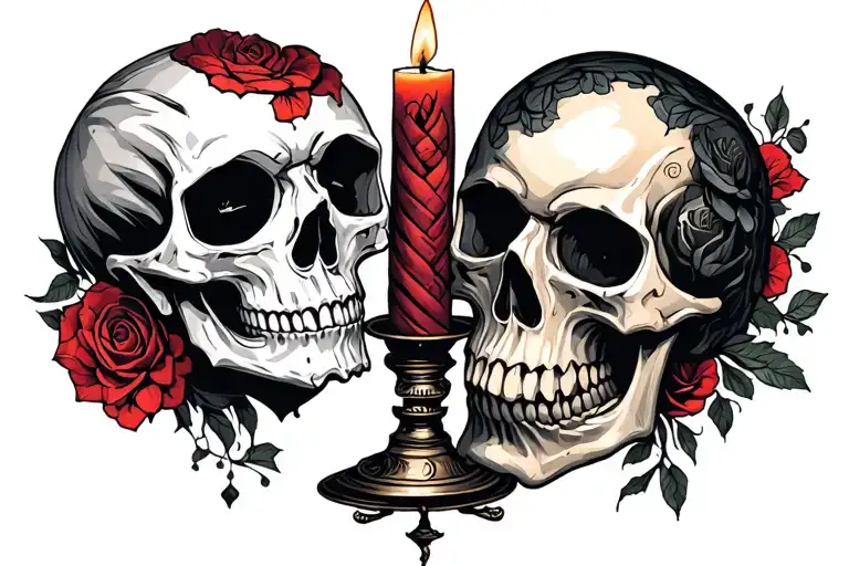 Detailed White Skull And Black Skull Facing A Candle In The Middle