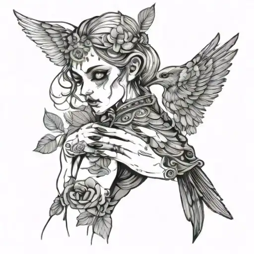 Harliquin Girl Shows A Bird With Her Hands Like In A Shadow Theater