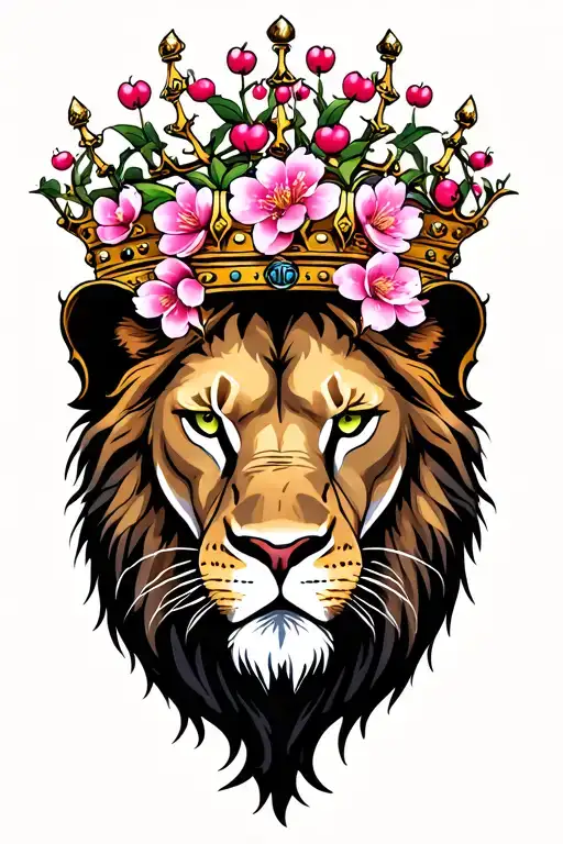 Crowned Lion Head With Cherry Blossom