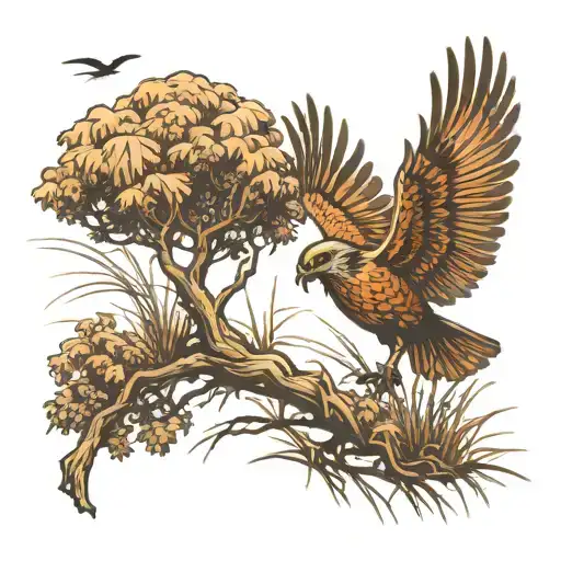 Oak Tree With Tall Grass And A Phesant Flying Full Body