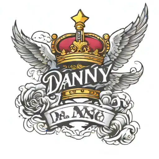 Show Me The Name Danny In Tattoo Form With A Crown Above The D And Clouds And Doves Around It