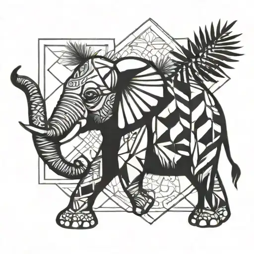 Elephant Holding Palm Fronds Geometric Patterns Long Black