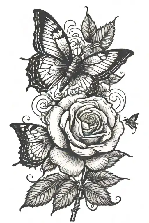Single Rose With Butterflies Flying Around Stem