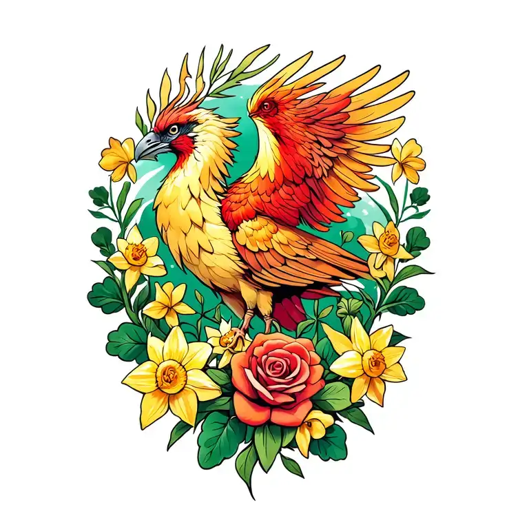 Pheonix With Daffodils Asters Shamrocks And Roses
