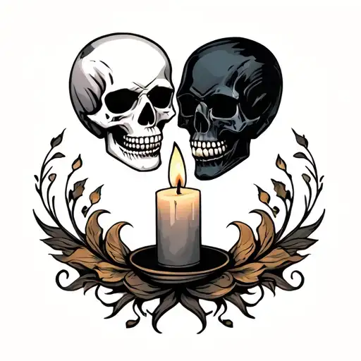 White Skull And Black Skull Facing A Candle In The Middle