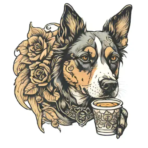 A Detailed Portrait Of A Dog With A Coffee Bean Collar And A Tiny Coffee Cup In Its Paw