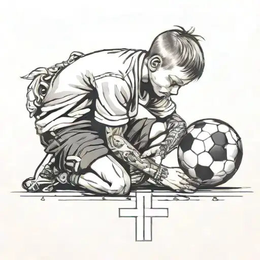 Kid Praying With A Soccer Ball Next To Him And A Big Cross
