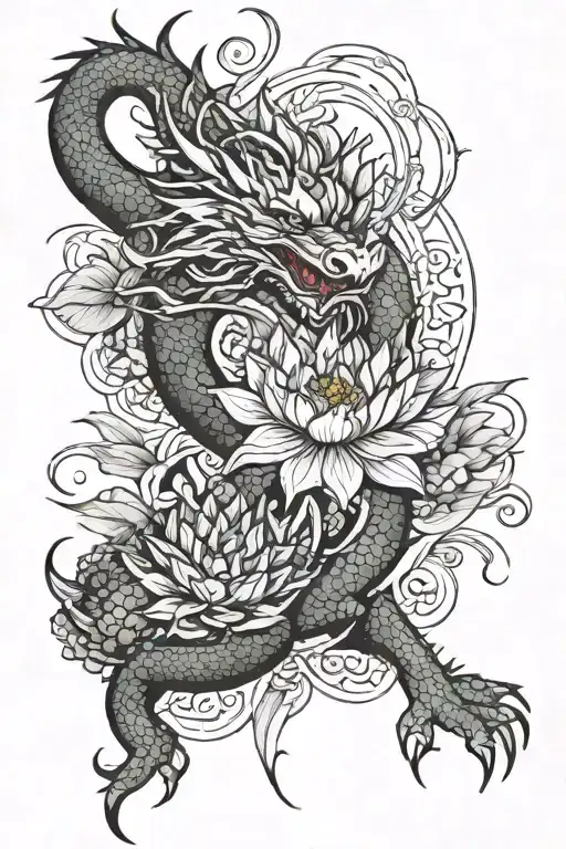 Dragon And Lotus Tattoo In Ink Style