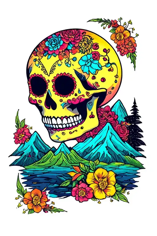 The Best Version Of Colorful Sugar Skull With A Moon Surrounded By Mountain