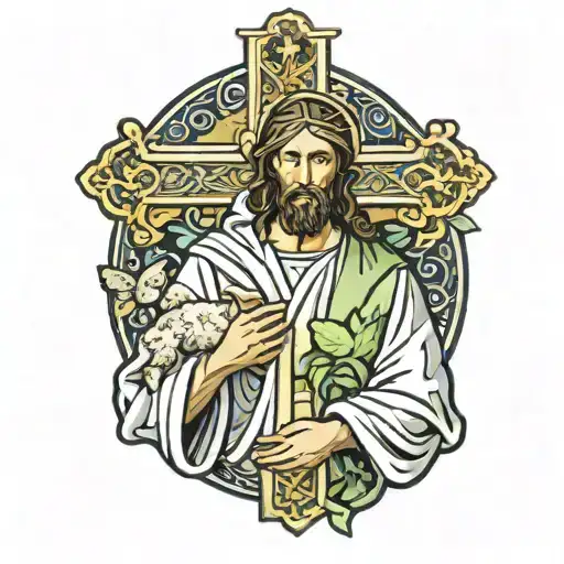 Jesus Helping-- A Man Clothed In Lamb Skin-- Carry A Cross Accented With Fig Leaves