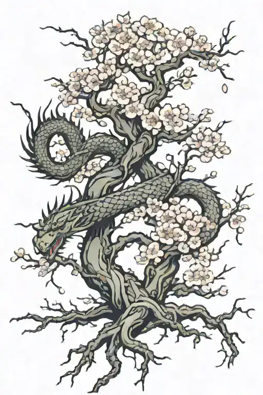 A Cherry Blossom Tree With Roots And A Dragon Wrapped Up The Tree Starting From The Trunk
